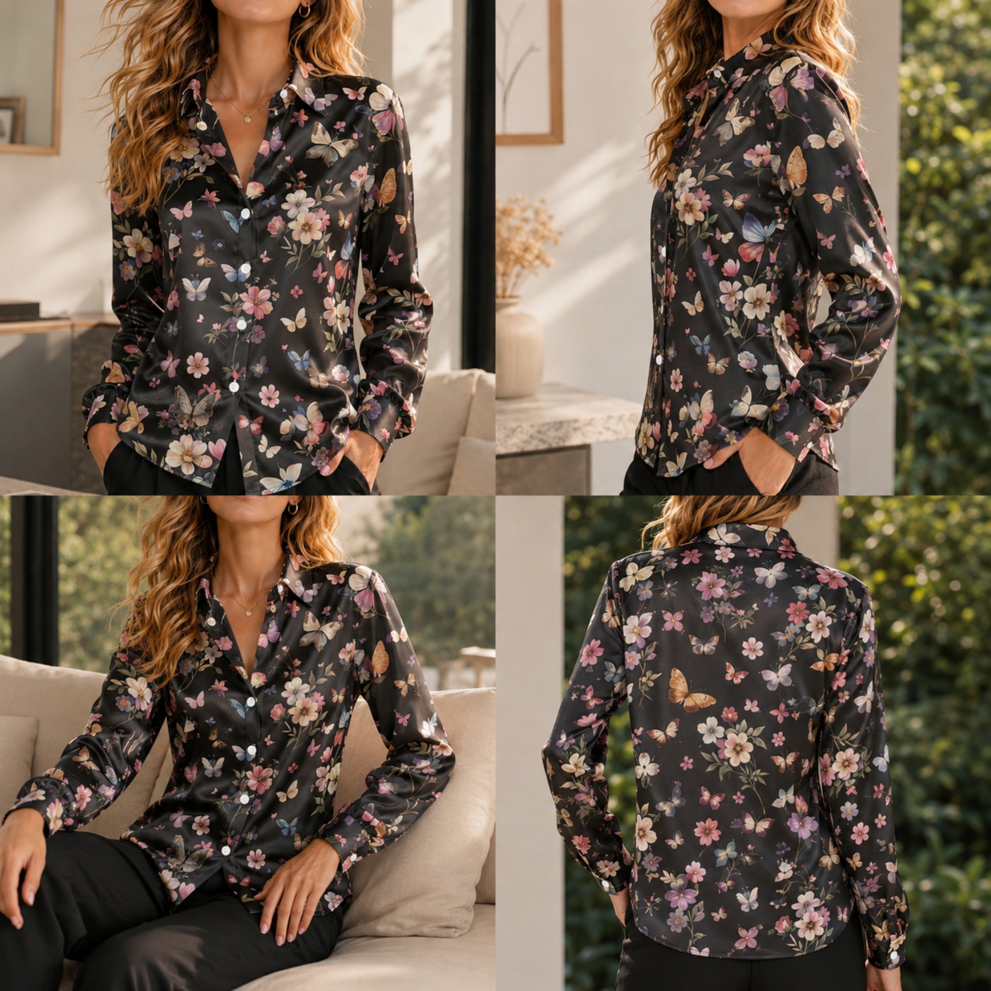 Women Top Fashion - Women Loose Satin Shirt Long Sleeve