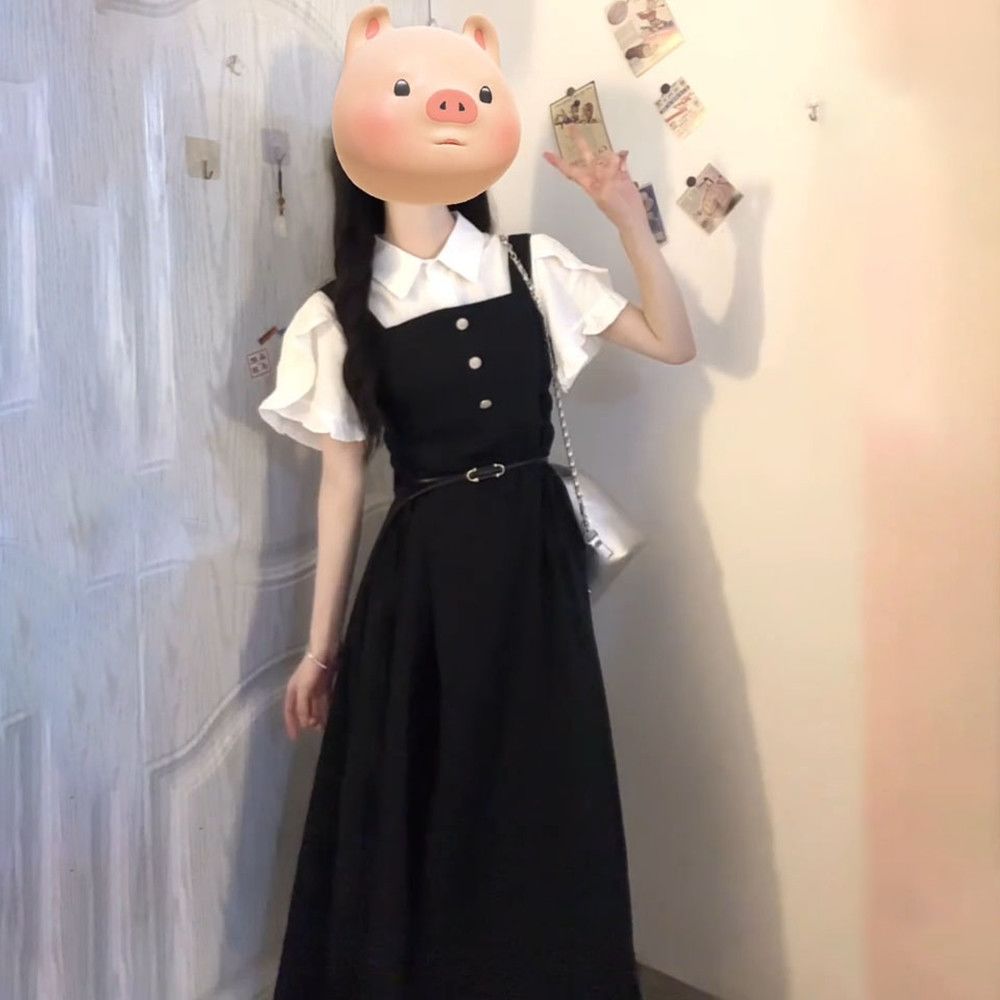 Belted Shirt Dress - Sweet Japanese Style Black Strapless Dress