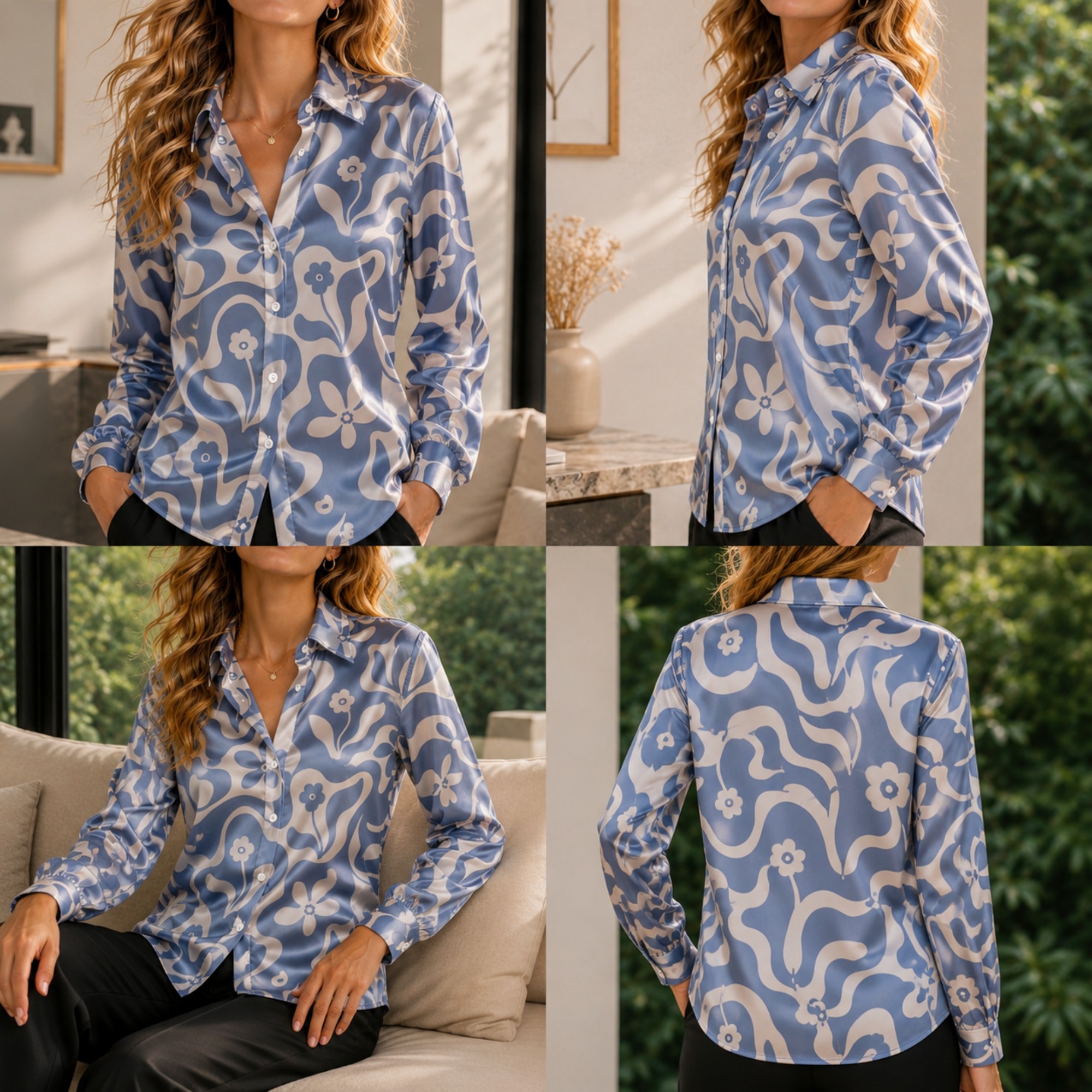 Women Fashion Styles - Women Green Satin Blouse White Floral