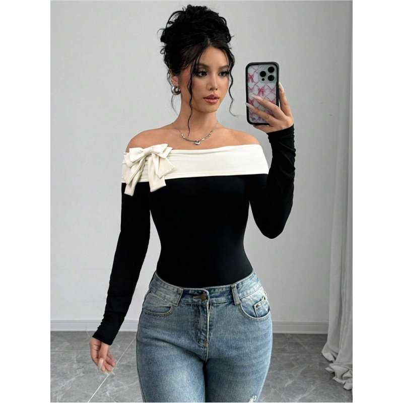 Women Fashion Styles - Bowknot Decor Off Shoulder Bodysuit |