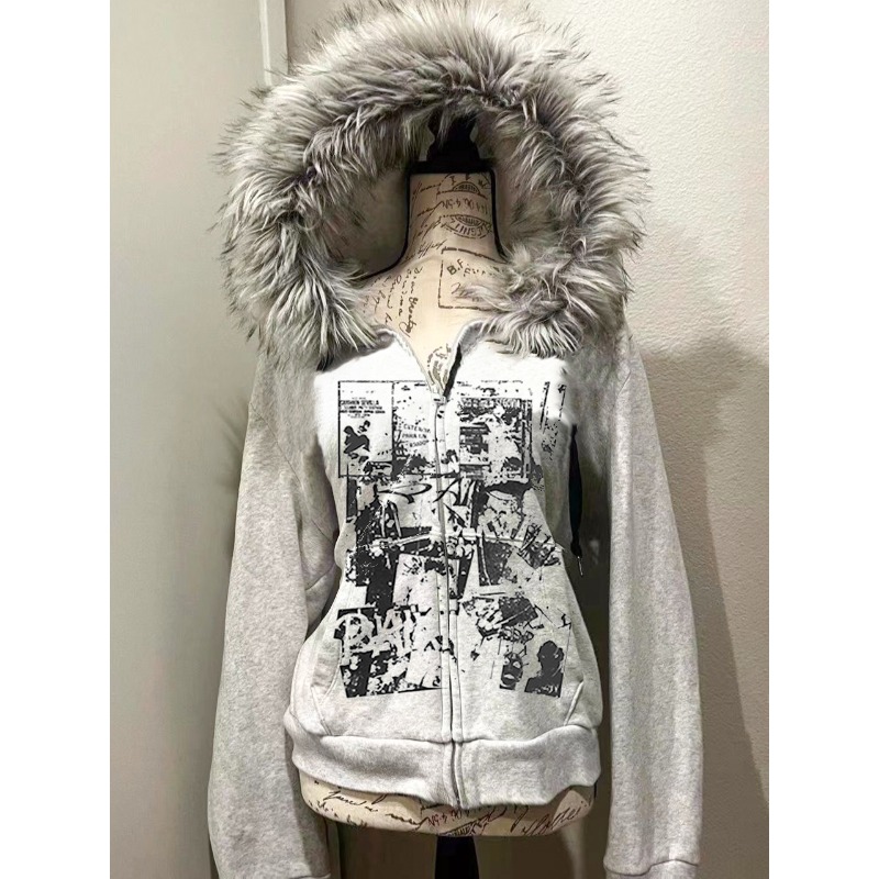 Grey Faux Fur Wool Double Zipp - Women'S Fashion Zip Up Hoodies recensie en prijs
