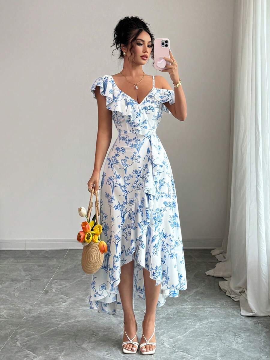 Women V-Neck Asymmetric Should - Floral Summer Dress recensie en prijs