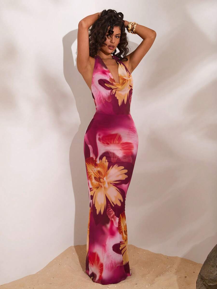 Floral Print Open Back Halter  - Floral Summer Dress recensie en prijs