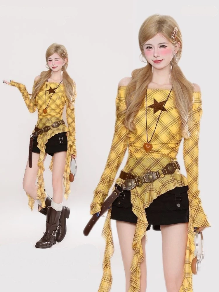 Y2K Plaid Slash Neck Vintage T - Women Top Fashion recensie en prijs