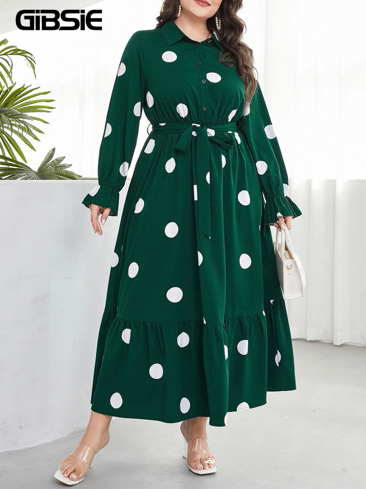 GIBSIE Plus Size Polka Dot Hal - Belted Shirt Dress recensie en prijs