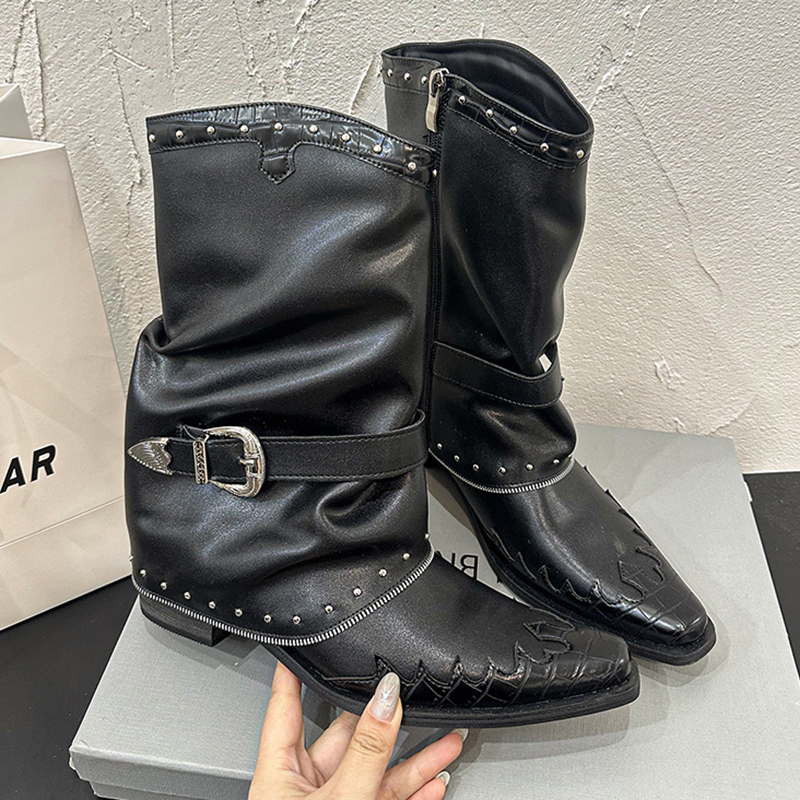 Goth Rivets Thick Heels Mid Ca - Women'S Fashion Riding Boots recensie en prijs