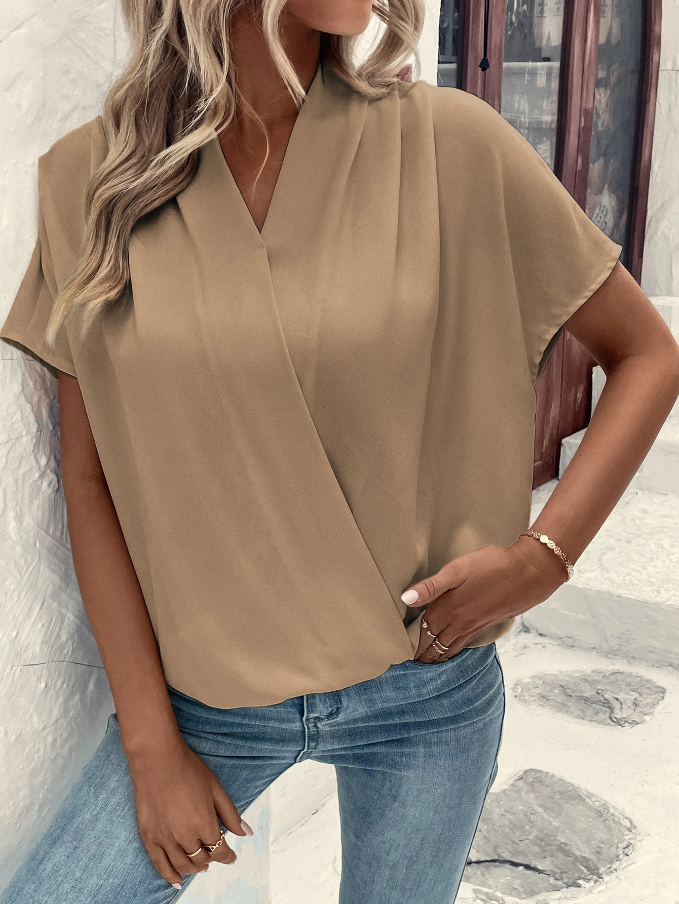 Solid Batwing Sleeve Wrap Blou - Wrap Blouse Chiffon recensie en prijs