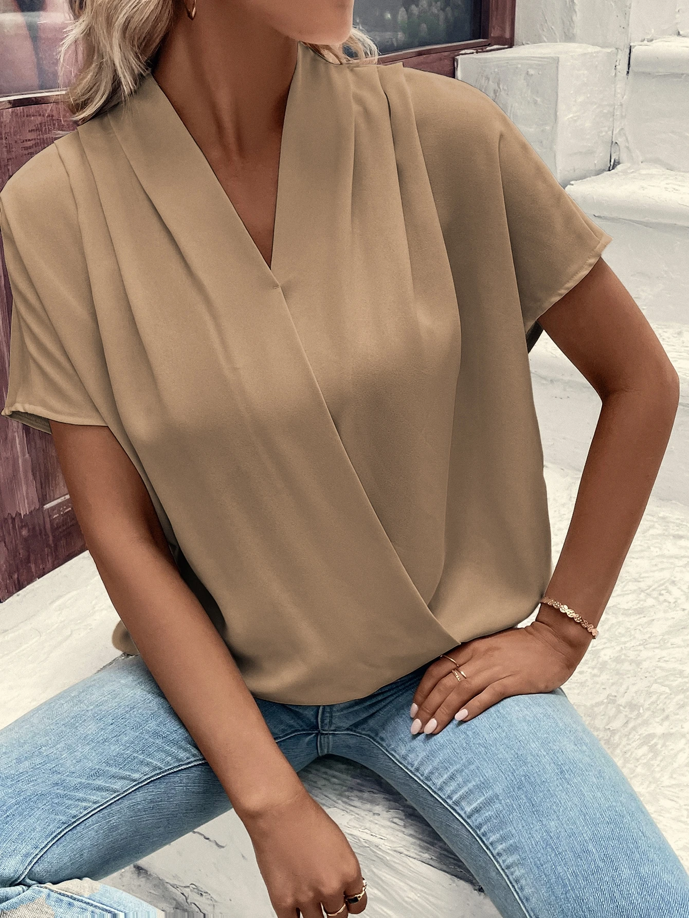 Solid Batwing Sleeve Wrap Blou - Wrap Blouse Chiffon recensie en prijs