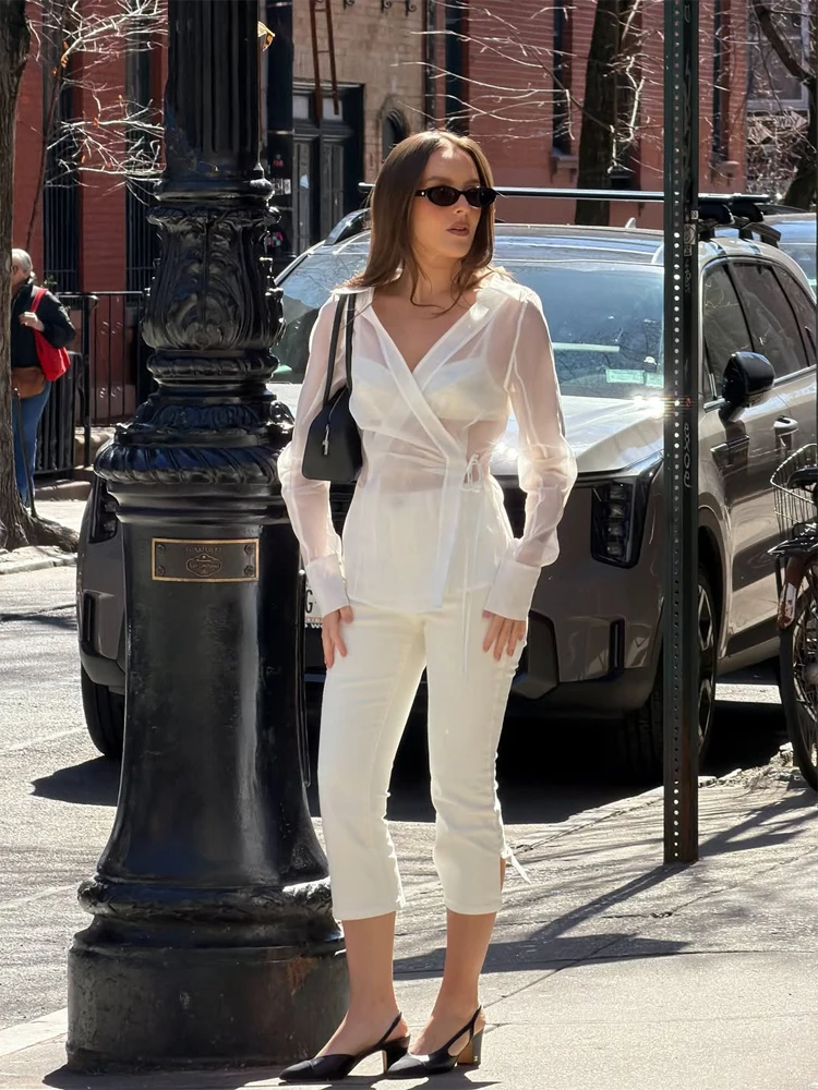 Women's White Sheer V Neck Tie - Wrap Blouse Chiffon recensie en prijs