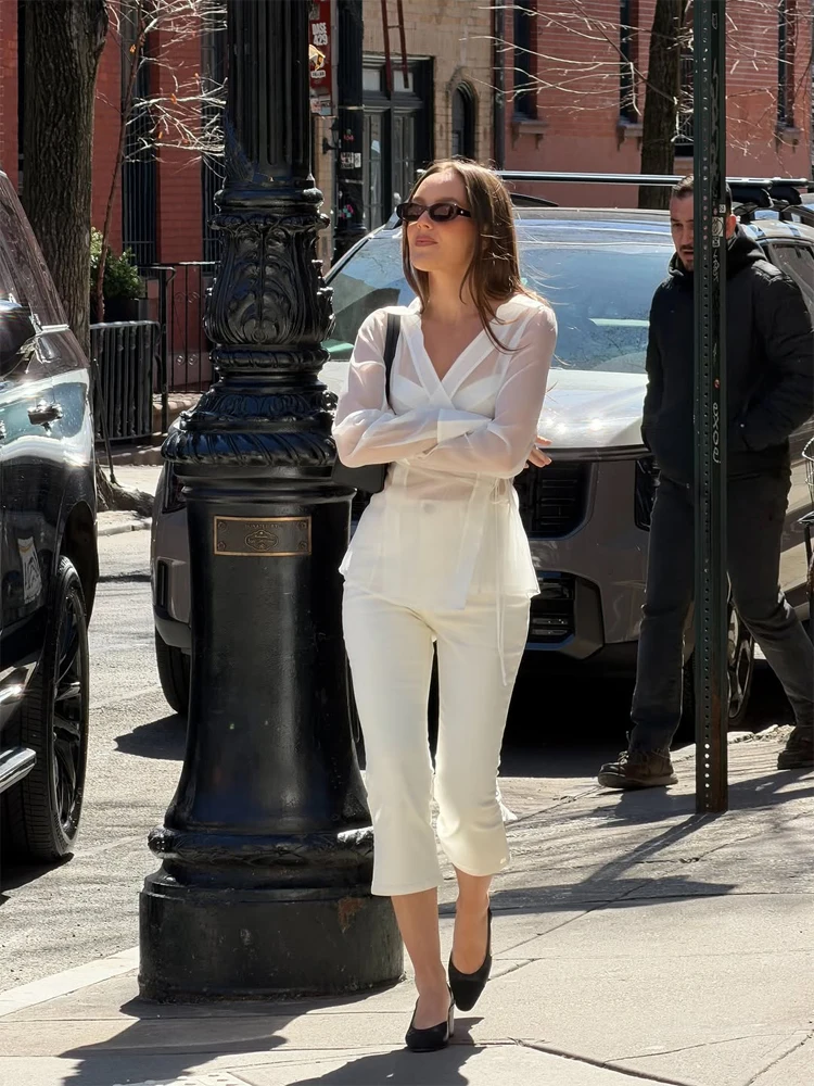 Women's White Sheer V Neck Tie - Wrap Blouse Chiffon recensie en prijs