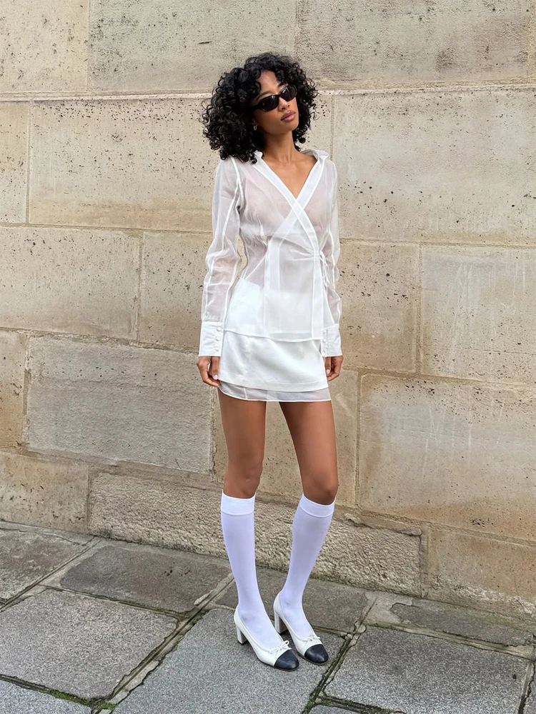 Women's White Sheer V Neck Tie - Wrap Blouse Chiffon recensie en prijs