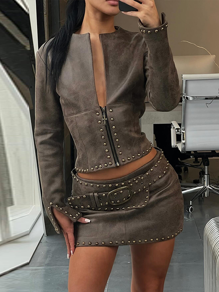 Y2k Leather Skirt Set Women Ri - Belted Shirt Dress recensie en prijs